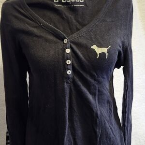 Victoria's Secret Black Long-Sleeve Henley with Cream Dog Logo